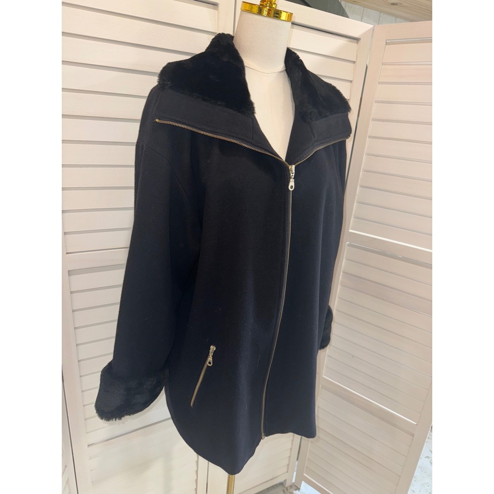 Donnybrook Mid-Length Coat Women Black Faux Fur Trim Zip Front Size 8 - Picture 3 of 6